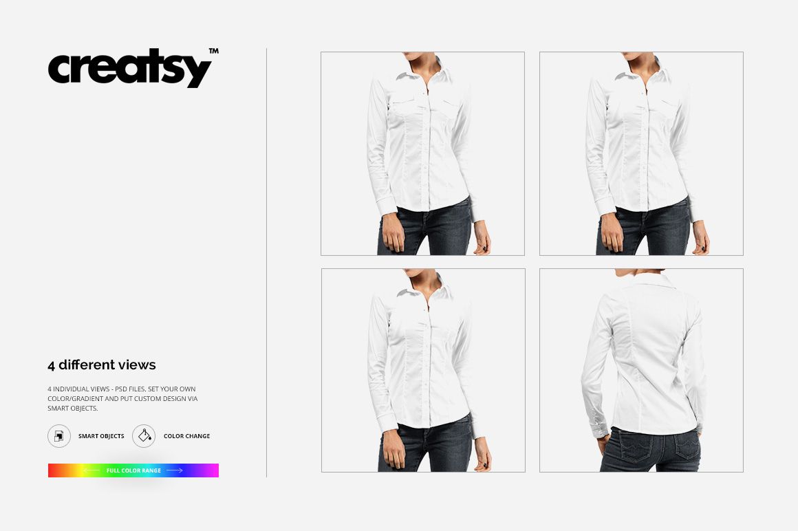 White women’s dress shirt mockup shown in four views, including front, side, and back, on a neutral background.
