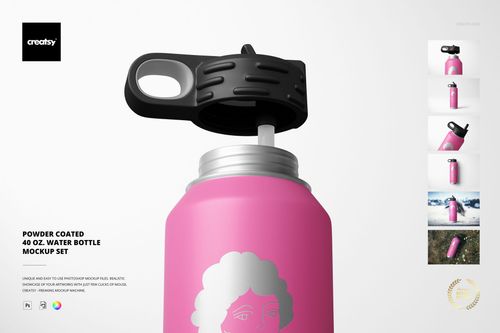 Close-up of a pink 40 oz water bottle mockup with a black cap and straw, shown against a light background.