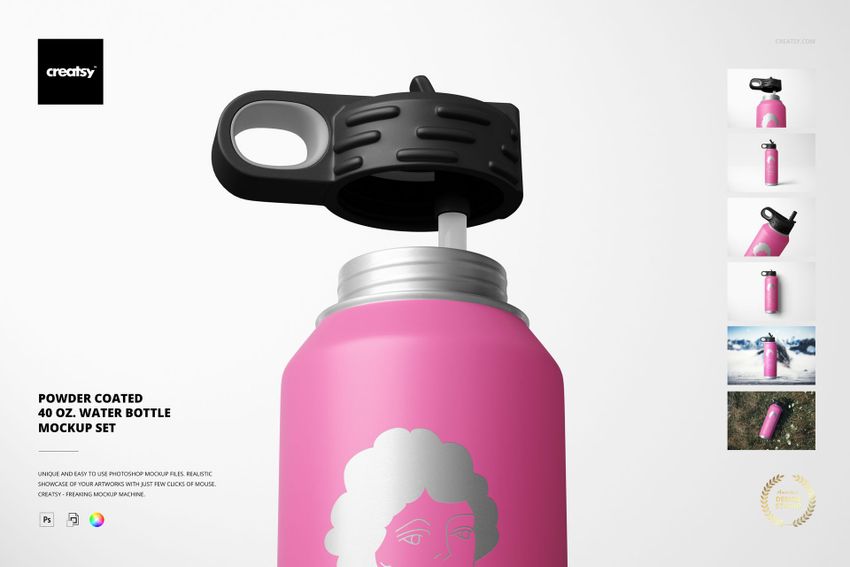 Close-up of a pink 40 oz water bottle mockup with a black cap and straw, shown against a light background.