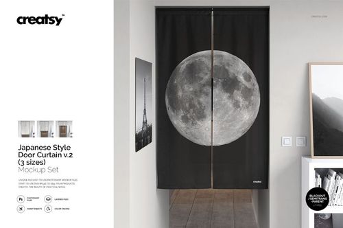 Mockup of Japanese style door curtain with moon pattern, hung in a minimalistic room with light walls and decor.