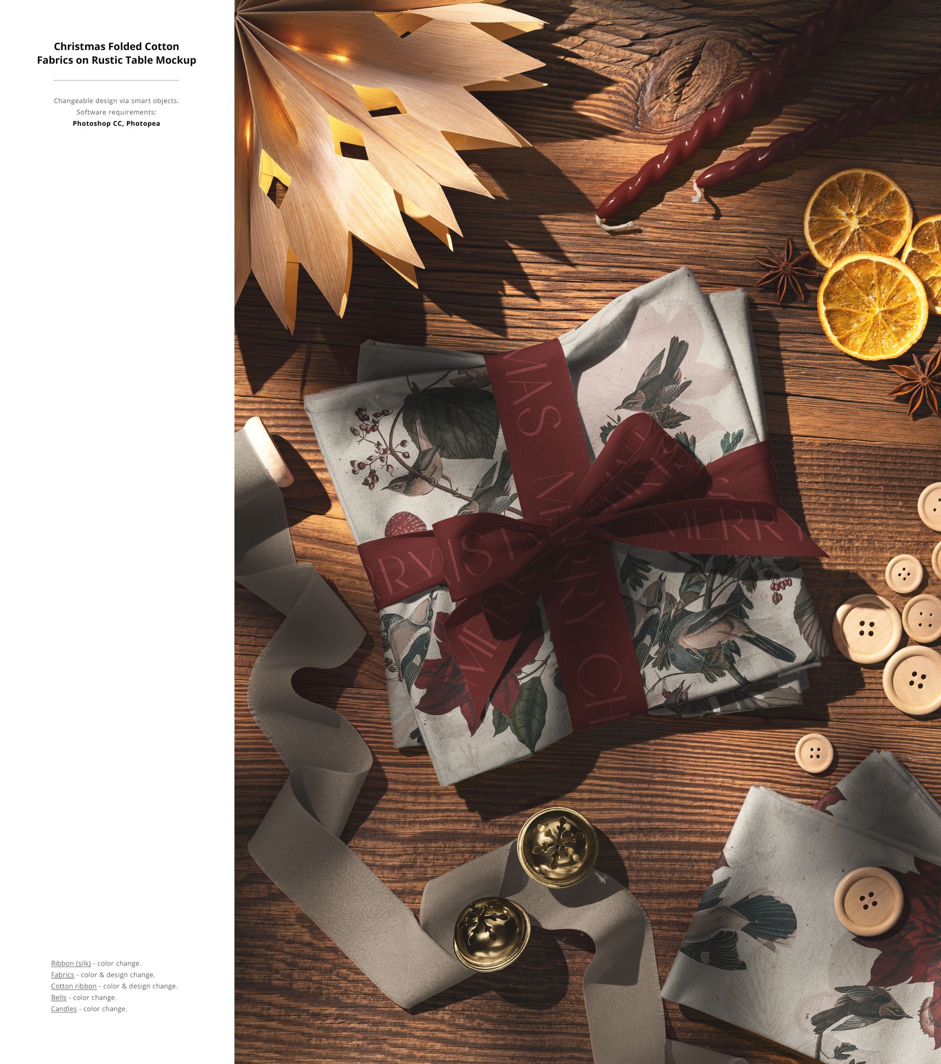 Christmas gift wrapped in floral fabric with a red ribbon on a rustic wooden table, surrounded by holiday decorations.