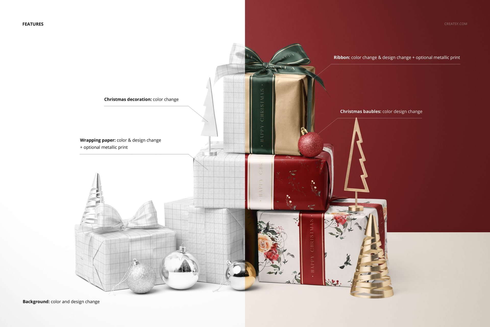 Christmas gifts mockup featuring five wrapped presents with unique patterns and bows, set among baubles and small holiday trees.