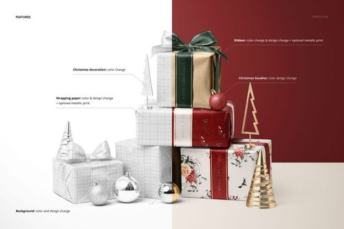 Christmas gifts mockup featuring five wrapped presents with unique patterns and bows, set among baubles and small holiday trees.