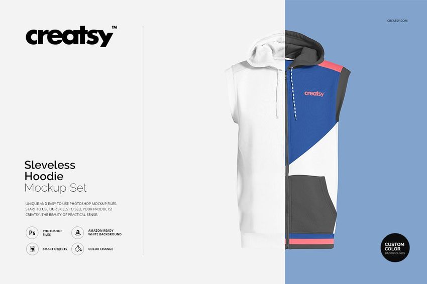 Front view of a sleeveless hoodie mockup split into two halves, one plain white and the other with geometric color blocks in blue, gray, red, and white.
