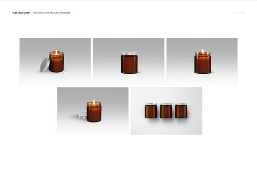 Amber jar candles shown in various mockup arrangements, including open, closed, and lit, on a plain background.