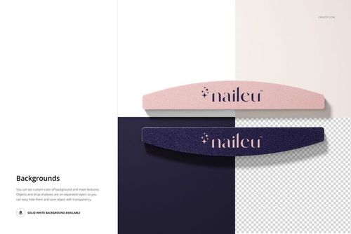 PSD mockup featuring a pair of curved nail files in pastel pink and deep blue on a geometric color block surface.