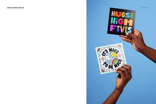 Square greeting card mockup set showing two cards with vibrant artwork, displayed from a front angle on a blue backdrop.