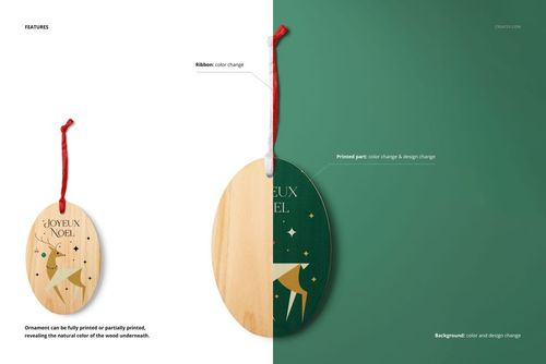 Oval wooden Christmas ornament mockup showing front view with printed festive design and red hanging ribbon.