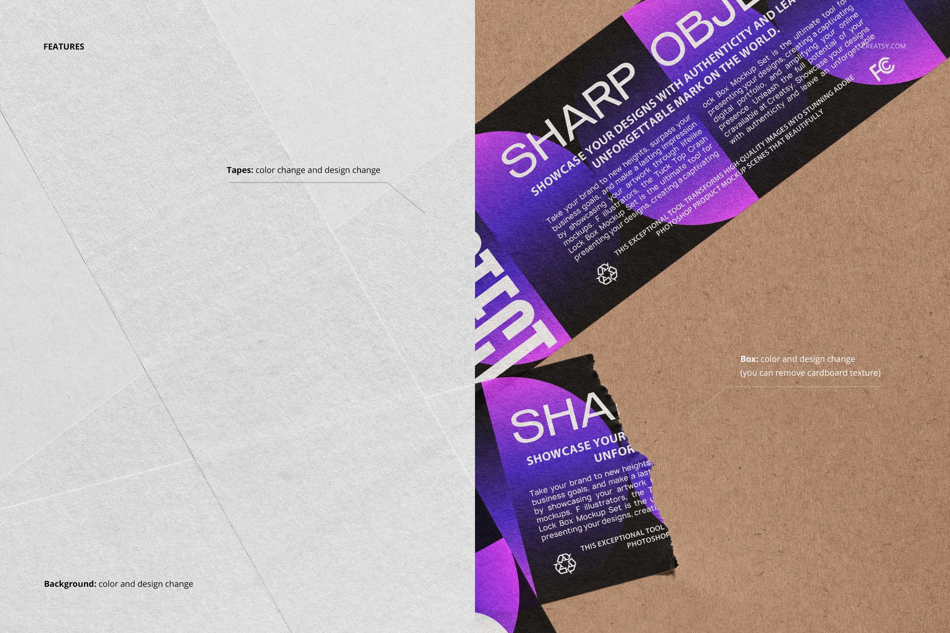 Paper tape mockup featuring purple and black tape strips on a brown textured surface, shown from a top view.