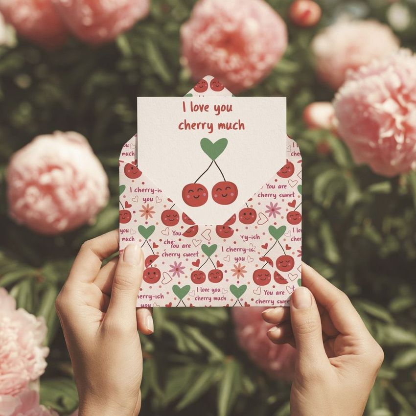 Hands holding a greeting card mockup with a cherry design and text, shown in an envelope with matching red and green patterns among blooming peonies.