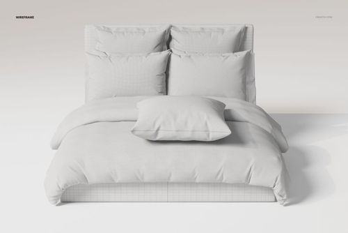 Front view of a bedding set with ruffled pillows and a duvet in light gray, placed on a bed against a plain background.