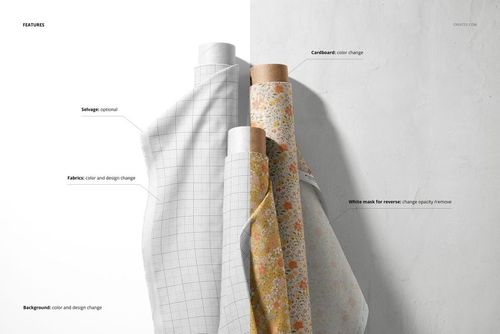 Front view of three fabric rolls mockup standing vertically against a light wall, featuring varied patterns and colors.