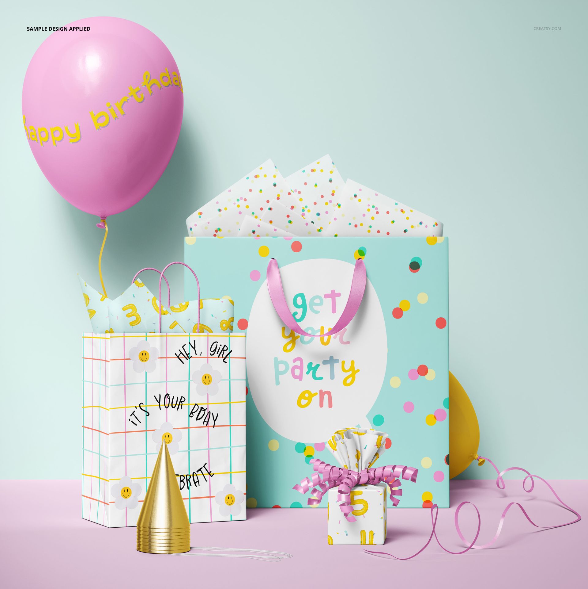 Paper gift bags mockup featuring festive patterns, confetti tissue, birthday balloon, and small gift boxes in a celebration scene.