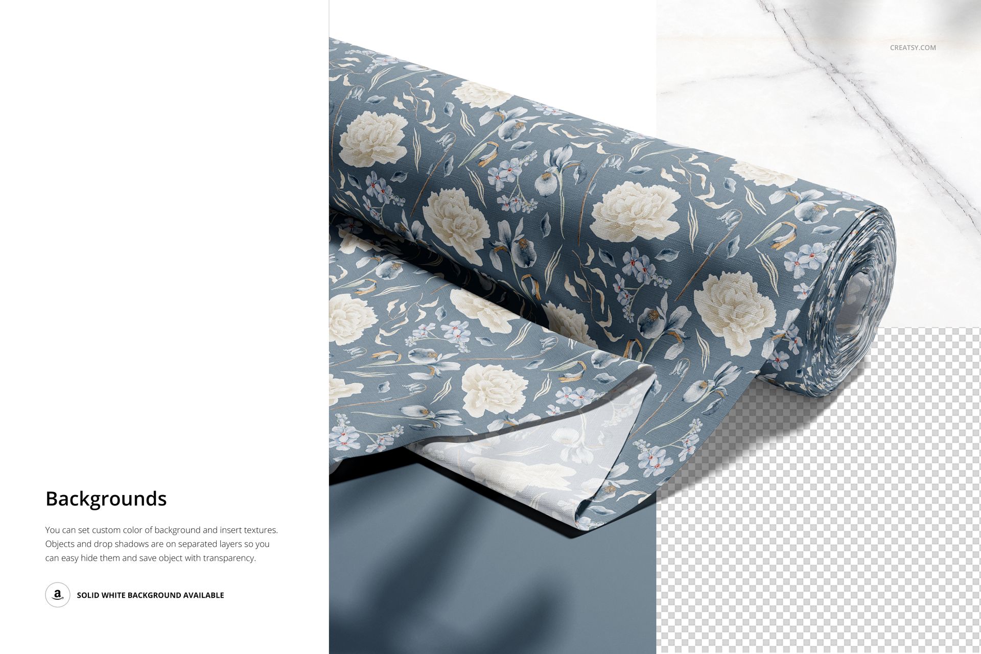 Blue floral patterned fabric roll mockup on a marble background, with part of the fabric unrolled and visible.