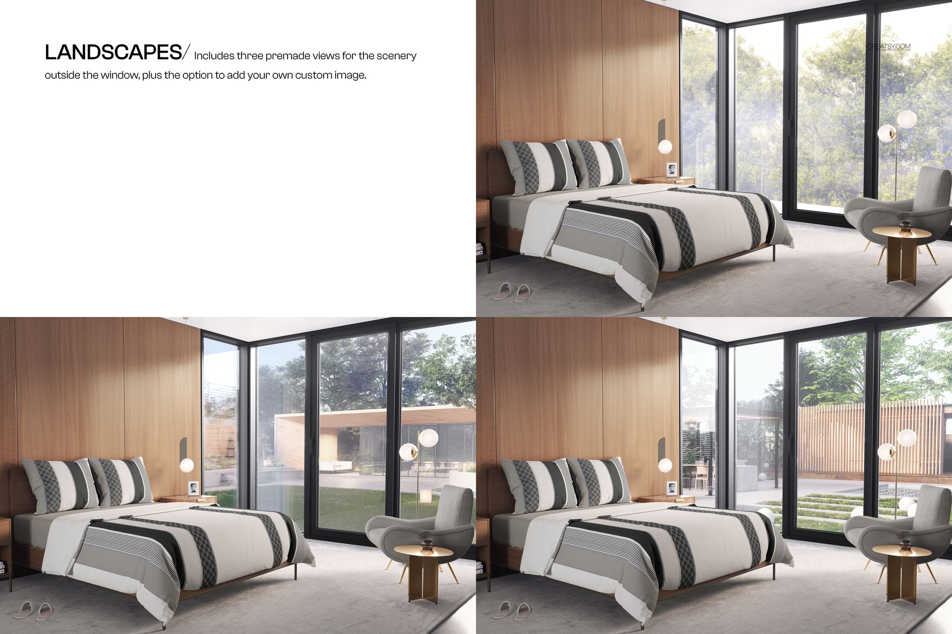 Modern bedroom mockup featuring a bedding set with striped and solid patterns, shown from a front angle.
