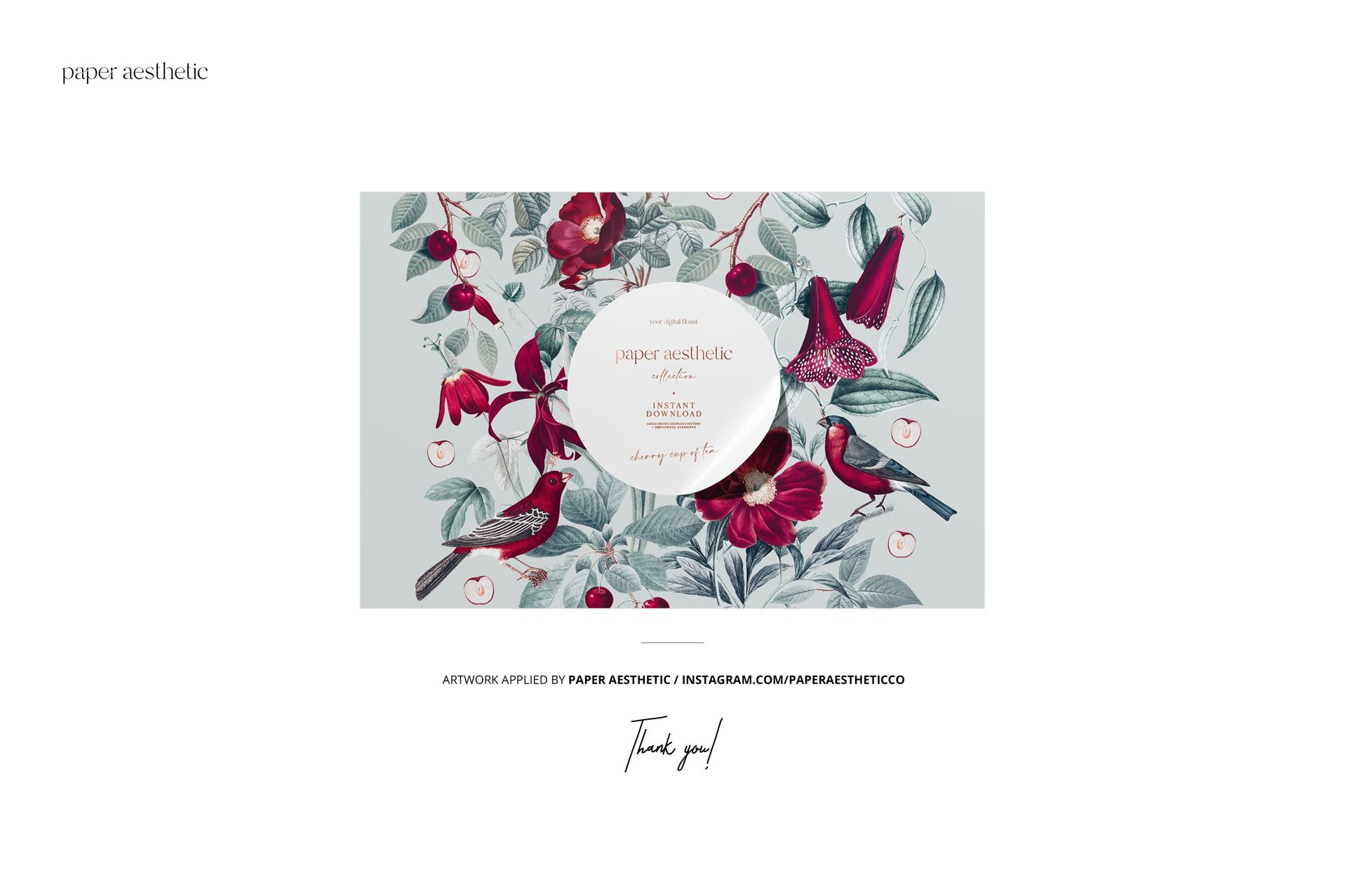 Jersey fabric mockup laid flat with subtle folds, featuring a botanical pattern with red birds and flowers.