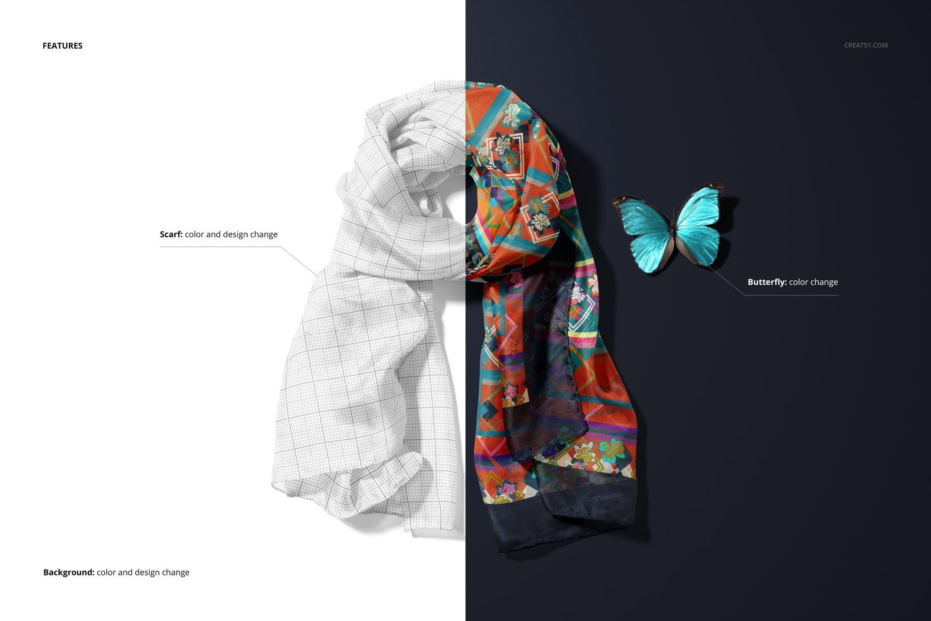 Habotai silk scarf mockup displayed on a split background, with a blue butterfly and colorful geometric pattern.
