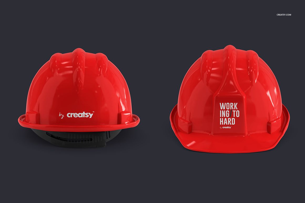 Front and back views of a red construction hard hat mockup, set on a plain dark surface with visible text on the back.