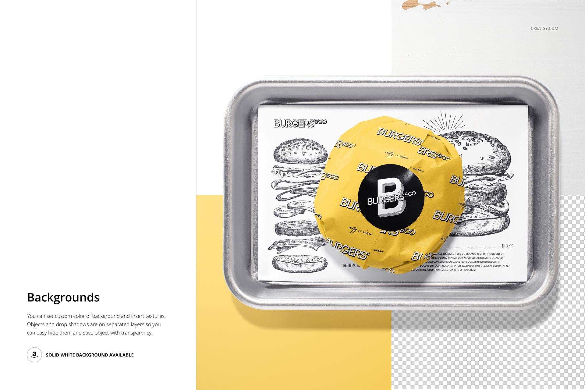 PSD mockup showing a burger in yellow food safe paper on a tray, with illustrated burger sheet and neutral background.