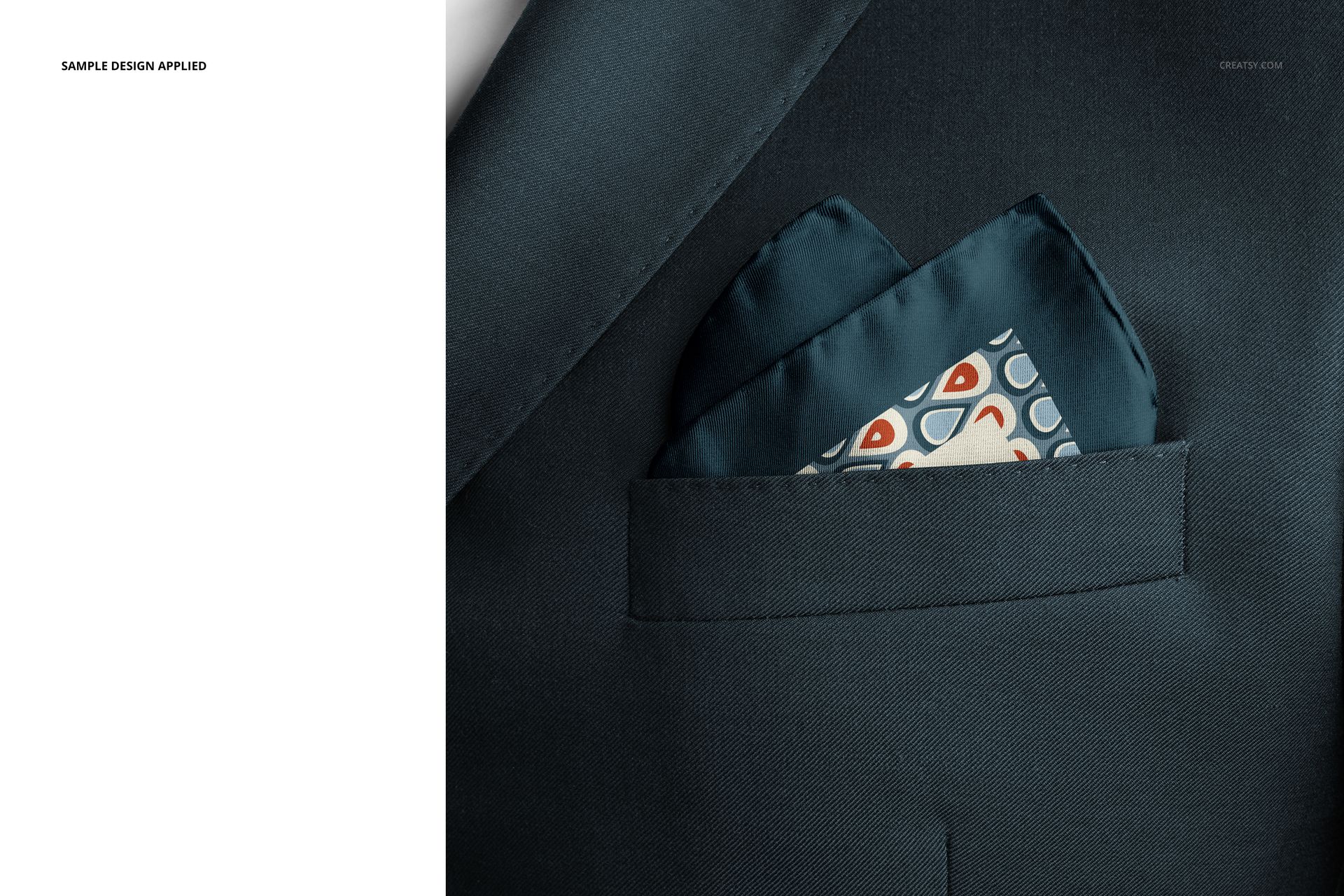 Pocket square mockup showing a folded accessory with blue and orange geometric pattern in a formal jacket pocket.
