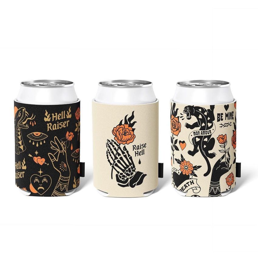 Neoprene can cooler mockup featuring three cans with bold black, orange, and cream tattoo-inspired patterns and illustrations.