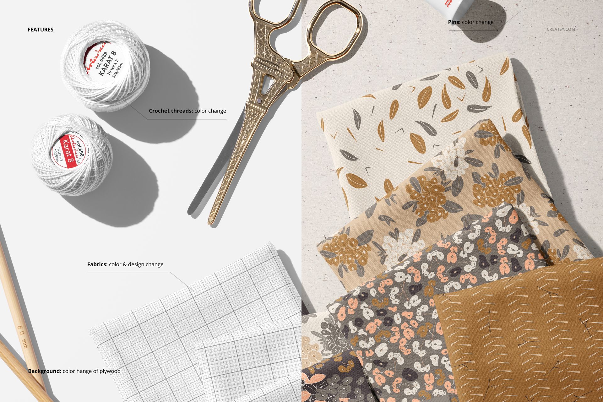 Jersey fabrics with floral and geometric patterns displayed alongside white crochet threads, scissors, and a dried palm leaf in a top view mockup scene.