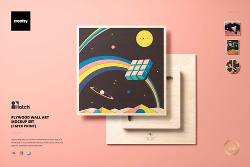 Front view of a square plywood wall art mockup featuring a vibrant cosmic illustration and geometric shapes.