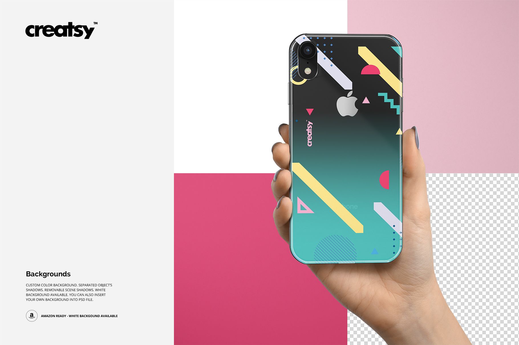 Close-up of a person’s hand displaying an iPhone XR clear case mockup with abstract geometric patterns and a custom background.