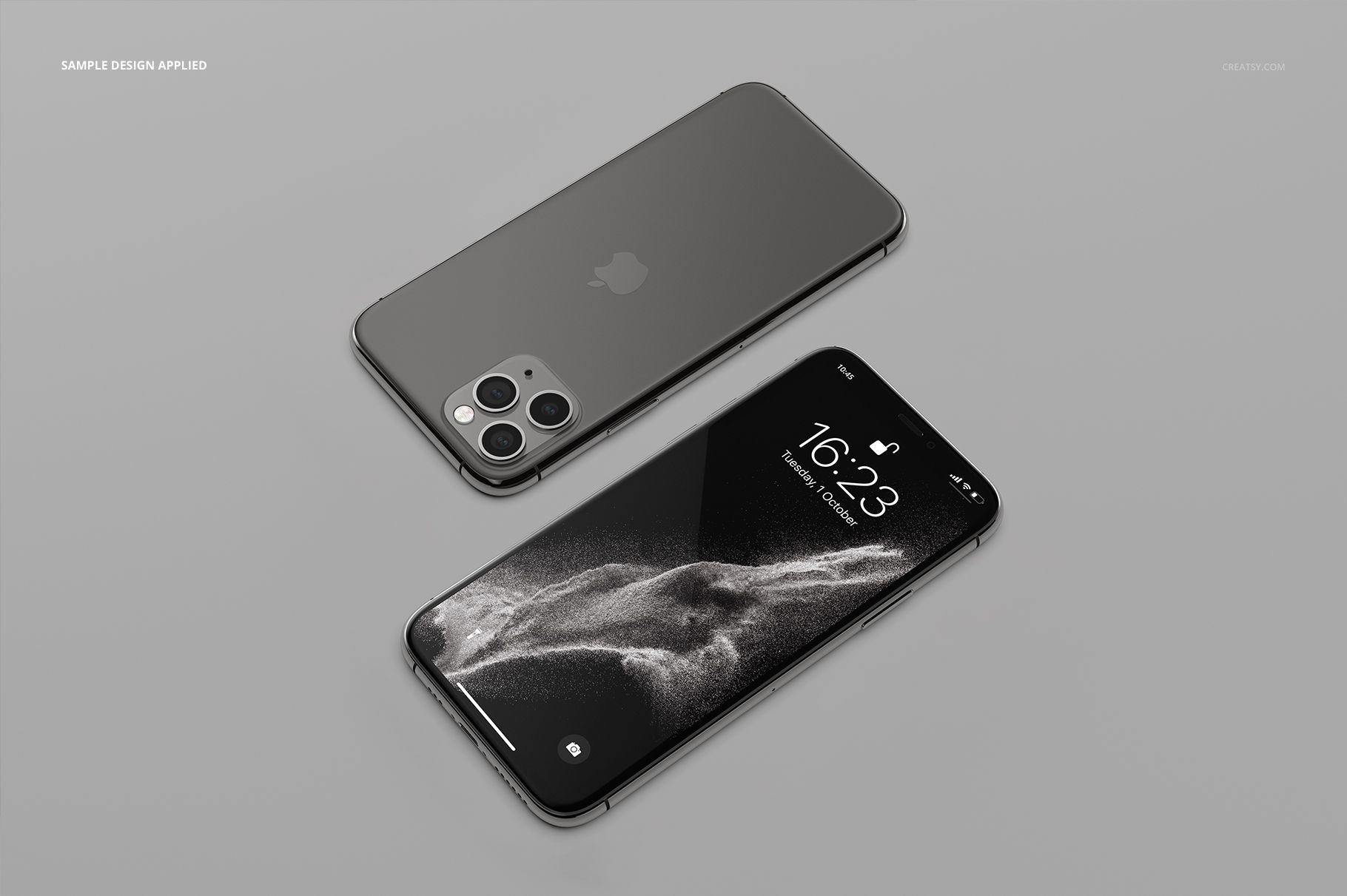 iPhone 11 Pro mockup set featuring two phones, one with the rear camera visible and one with a lock screen design.