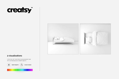 Minimal kids bedroom mockup with a white bed, pillows, and bedding shown in both front and top views.