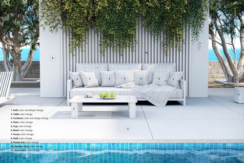 Modern outdoor sofa mockup with multiple pillows and a blanket, positioned near a pool and lush vertical garden.