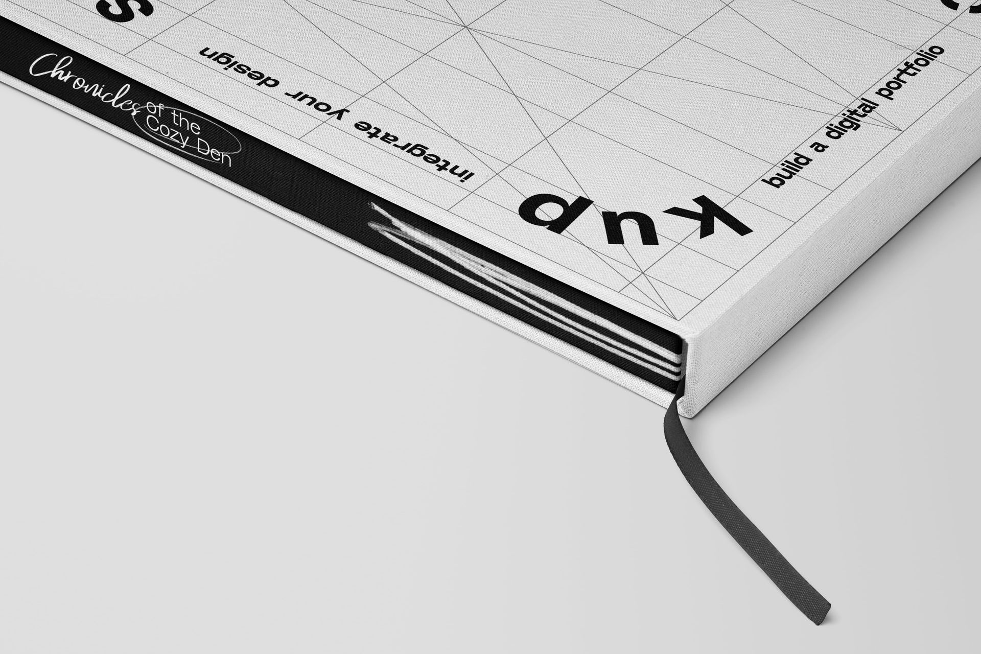 PSD mockup of a hardcover book partially inside a white sleeve, displaying visible spine text and a ribbon marker.