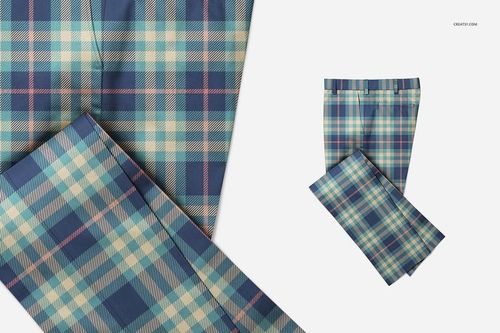PSD mockup showing elegant trousers with a large checkered design in blue and green tones on a neutral backdrop.