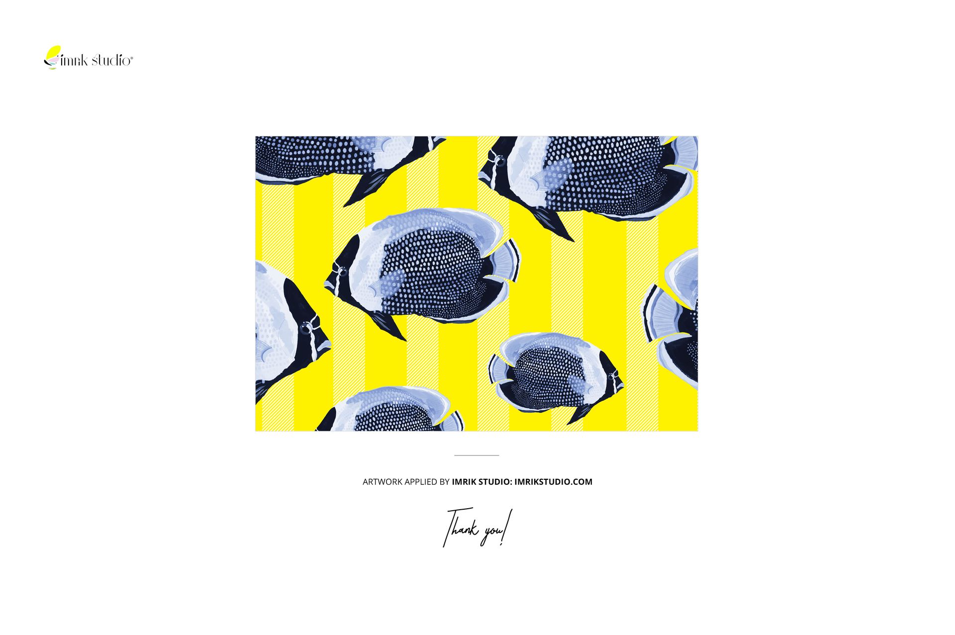 Folded jersey fabric mockup with blue and black fish design over yellow stripes, tailoring tools not visible, front perspective.