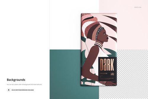Chocolate bar mockup with abstract illustrated wrapper in earthy tones, shown from top view on split color background.