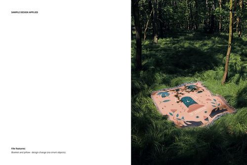 Jacquard fringed throw blanket mockup featuring a nature-inspired design placed outdoors on lush forest grass.