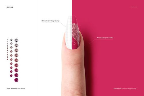 Close-up view of a single finger with a nail mockup, featuring customizable nail design and pink background split.