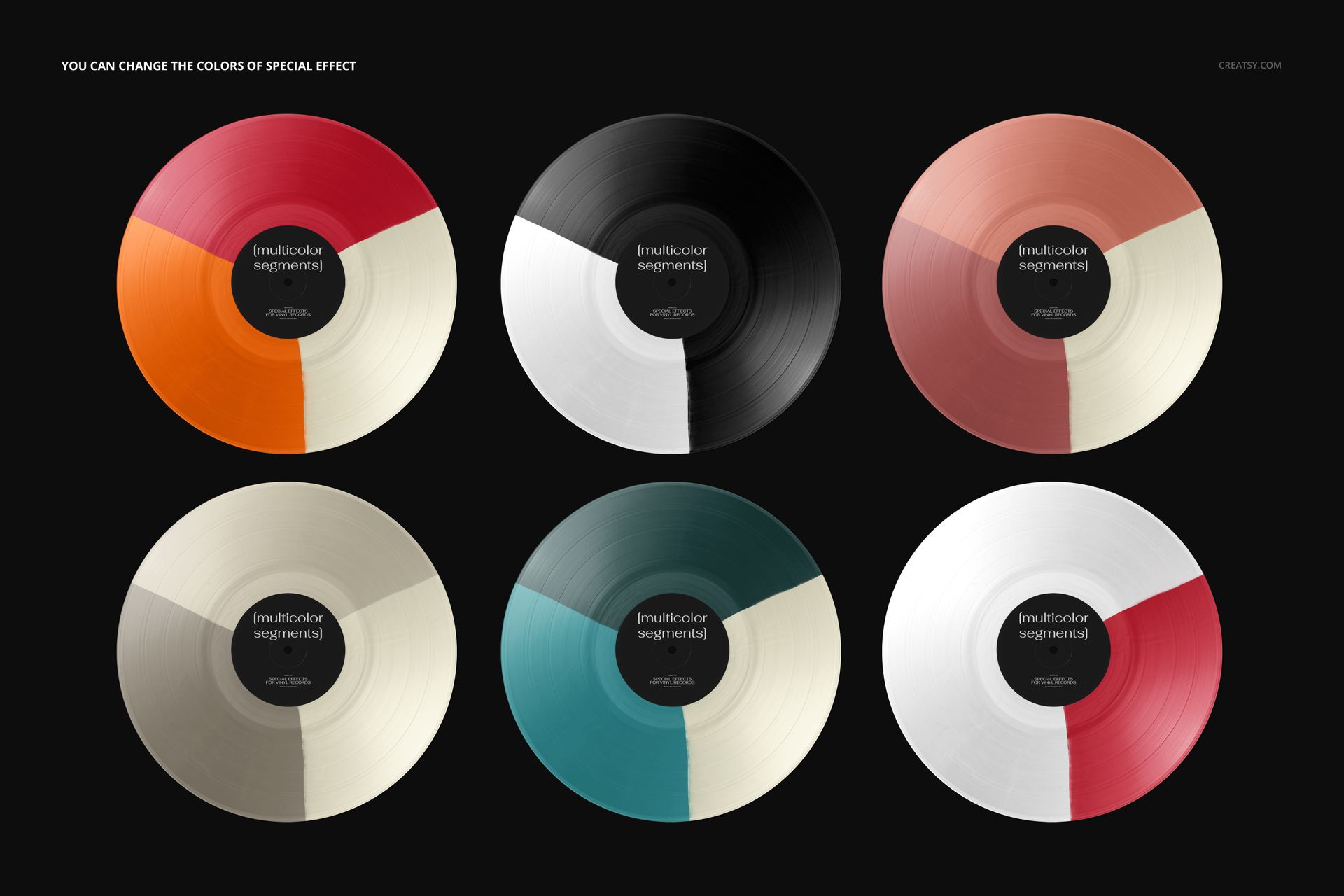 PSD mockup showing six vinyl records with bold multi-color segments, arranged on a dark background for presentation.
