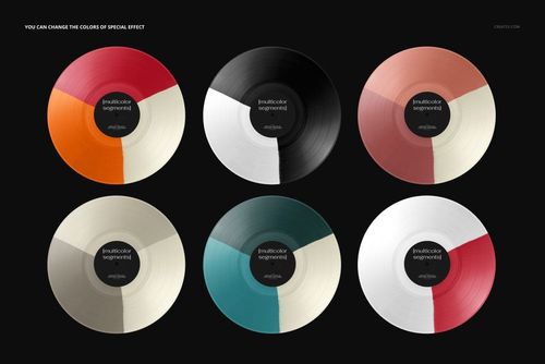 PSD mockup showing six vinyl records with bold multi-color segments, arranged on a dark background for presentation.