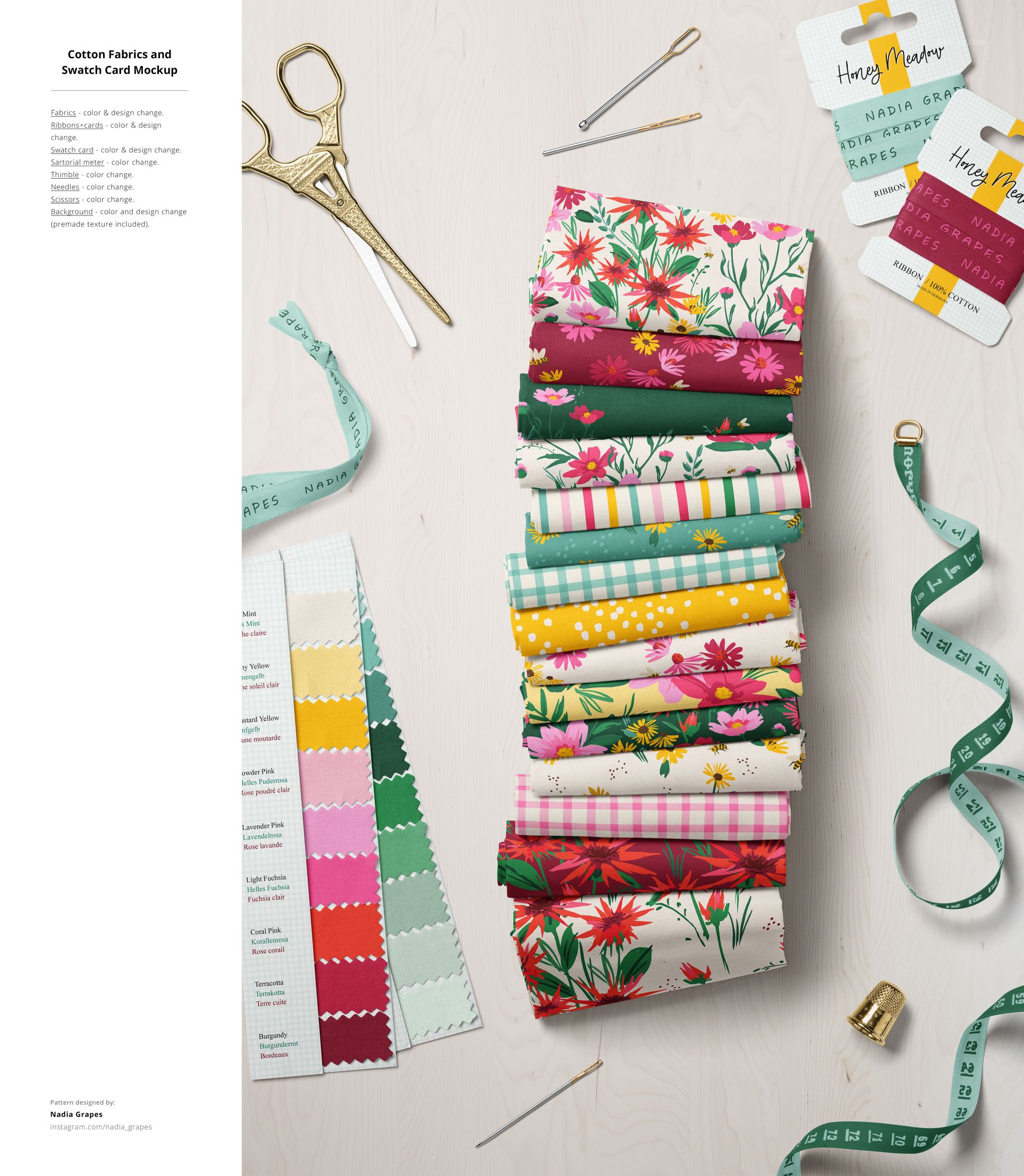 Cotton fabric mockup bundle with folded samples in vibrant floral and plaid designs, surrounded by sewing tools.