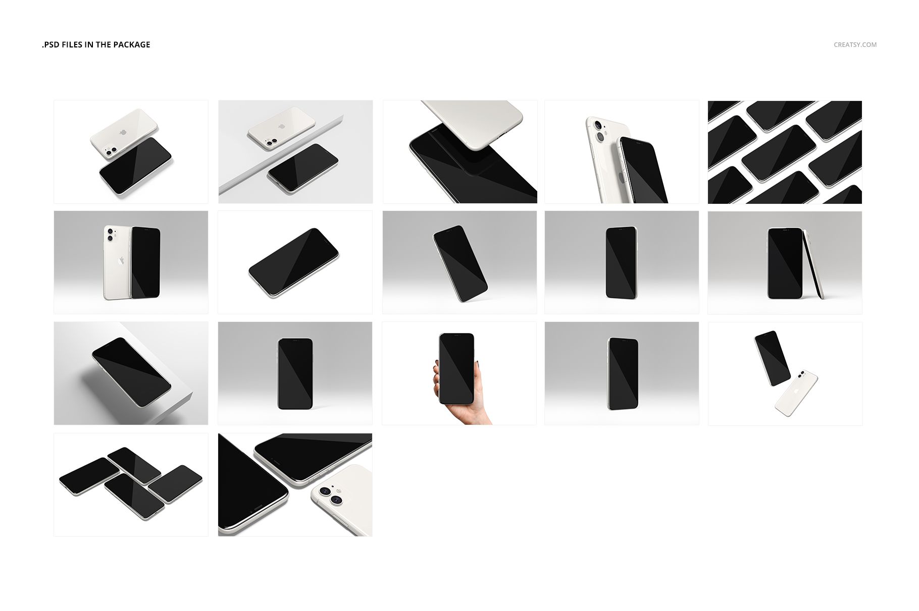 Set of iPhone 11 mockups in various arrangements and colors, including white and black, shown from multiple angles.