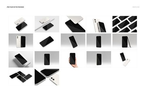 Set of iPhone 11 mockups in various arrangements and colors, including white and black, shown from multiple angles.