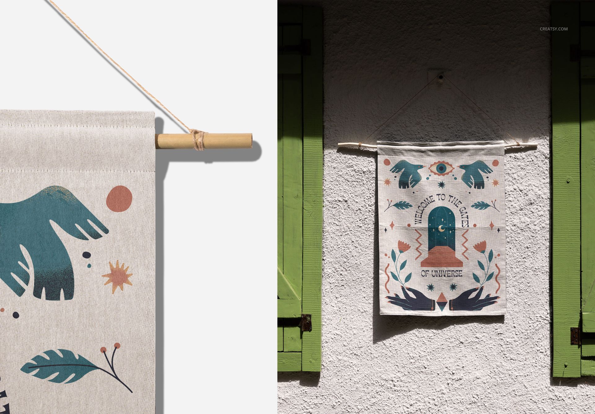 26x36 woven wall tapestry mockup featuring earthy colors and botanical patterns displayed on a sunlit house wall.