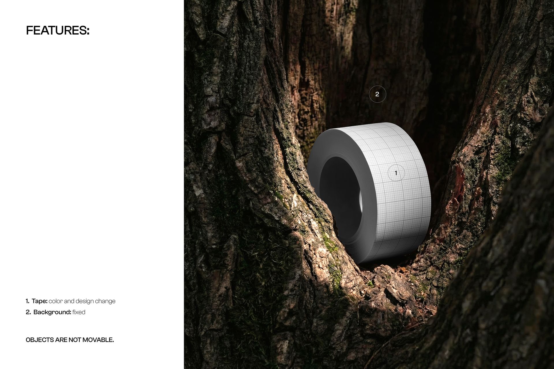 PSD mockup showing a duct tape roll with a grid design resting in a textured tree bark hollow, viewed from the front side.