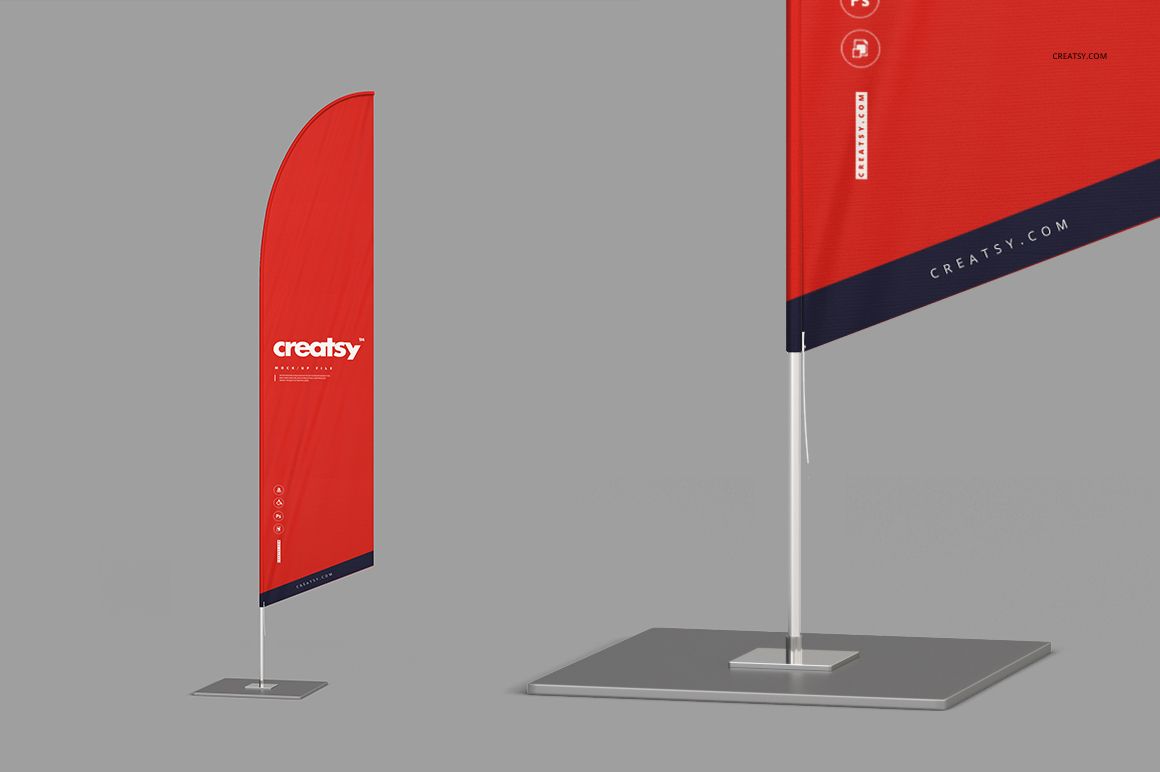 Outdoor flag mockup set featuring a tall, red flag with a navy blue border on a metal stand, shown on a gray background.