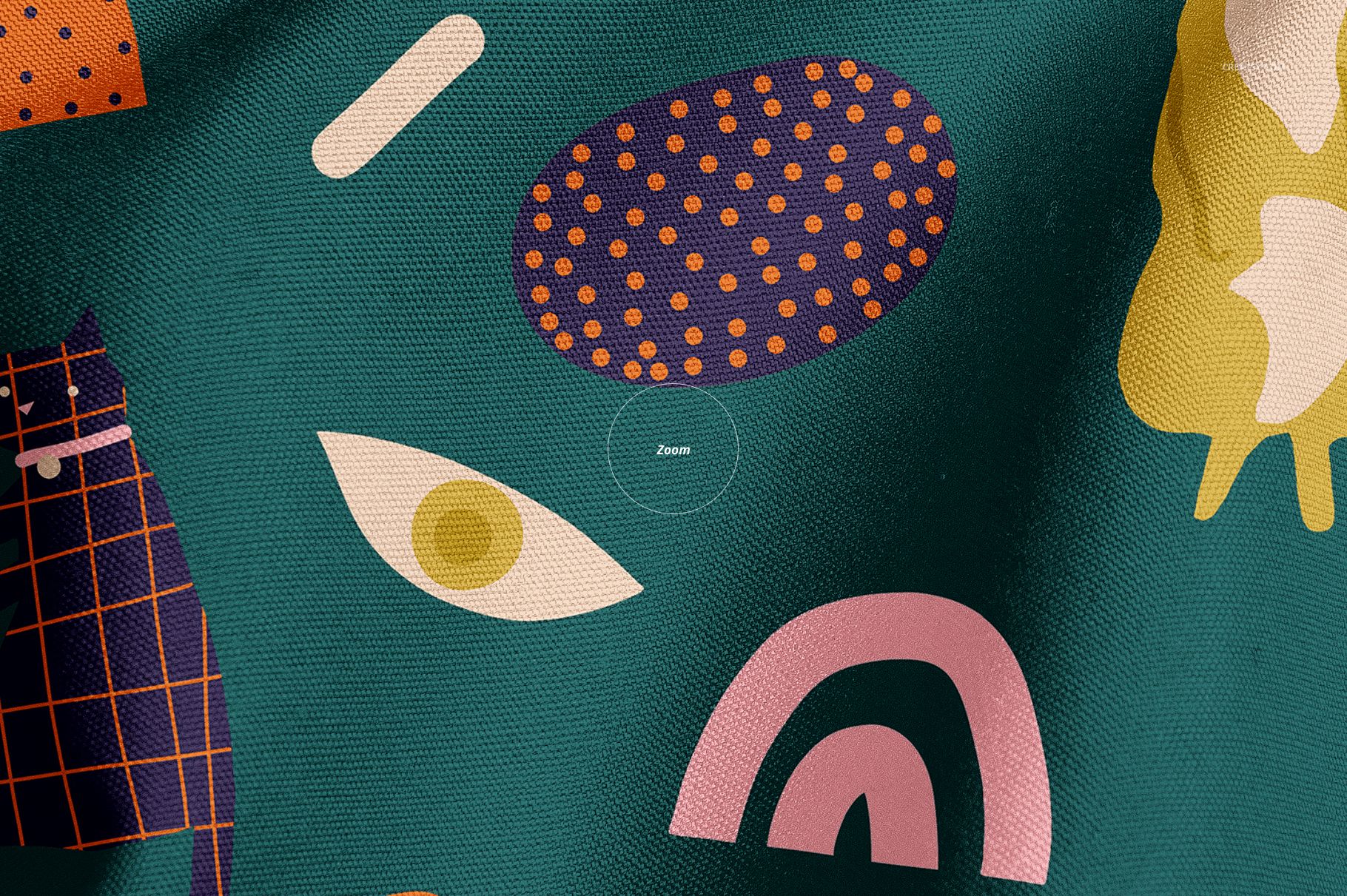 PSD mockup showing a textured pet bandana with playful abstract designs on a teal background, viewed up close.