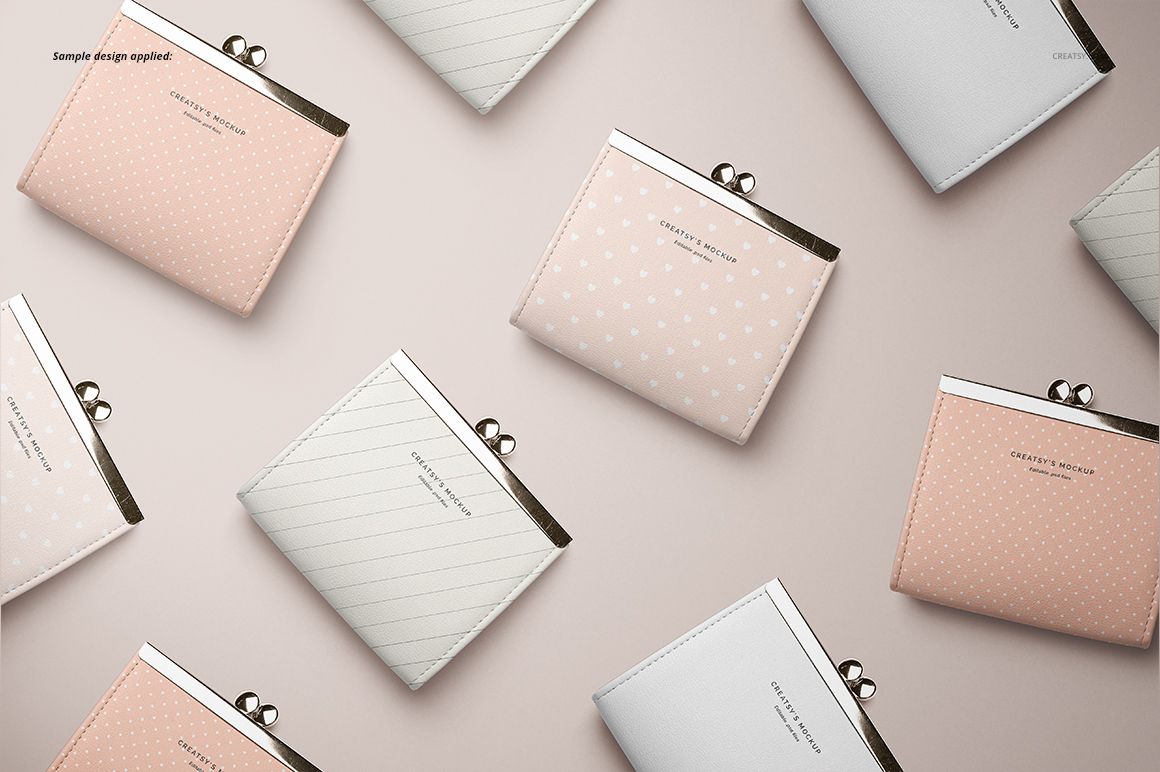 PSD mockup set showing leather wallet purses arranged on a neutral background, with soft colors and minimal designs.
