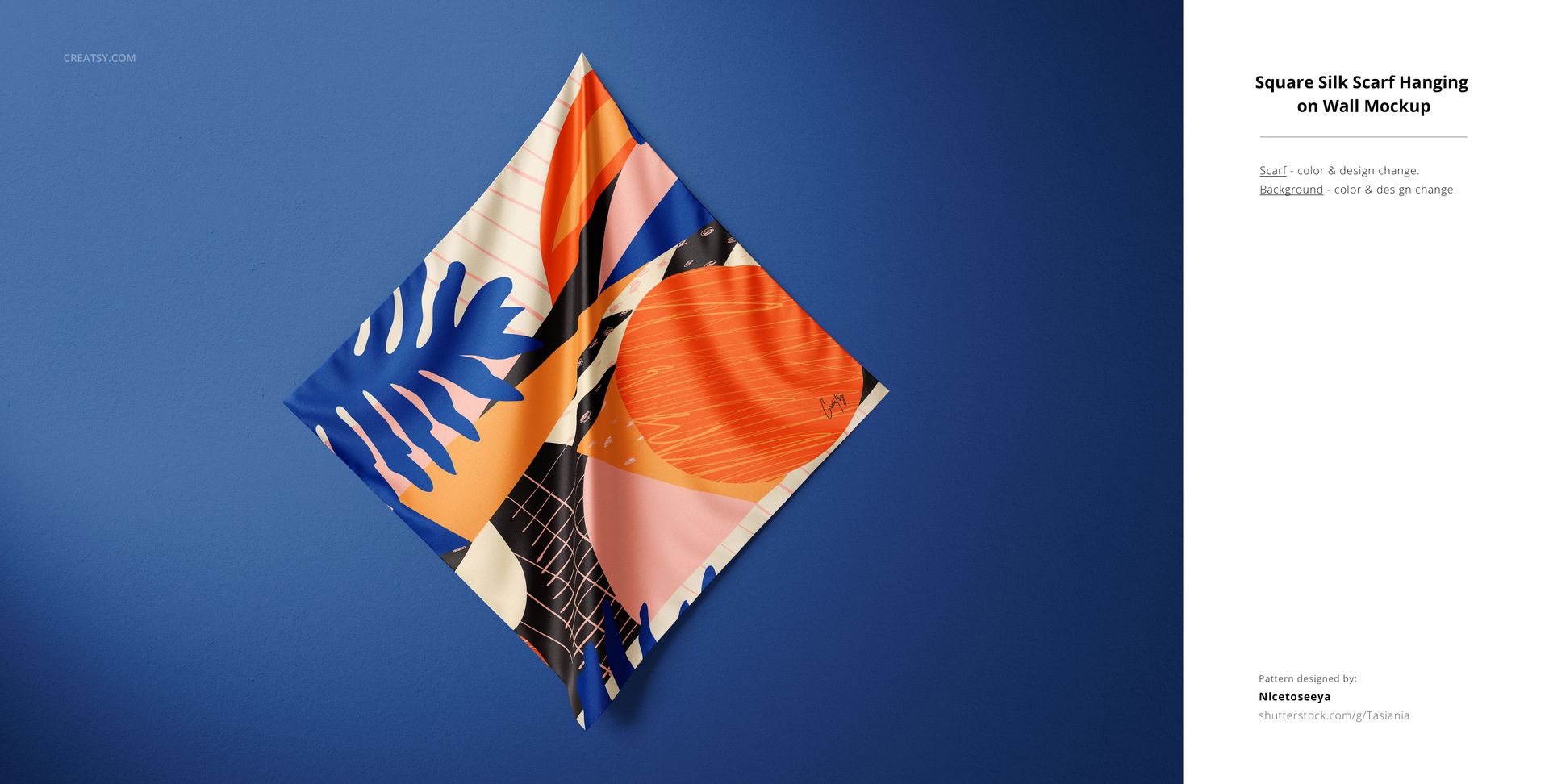 Silk fabric mockup featuring a square scarf with bold geometric and leaf designs on a blue background, front perspective.