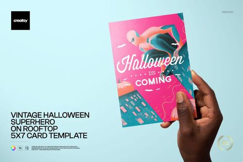 Vintage Halloween Superhero on Rooftop 5x7 Card Template - mockup preview 1