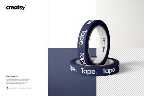 Mockup of packing tape rolls in dark blue with bold white lettering, displayed on a split background with grid detail.